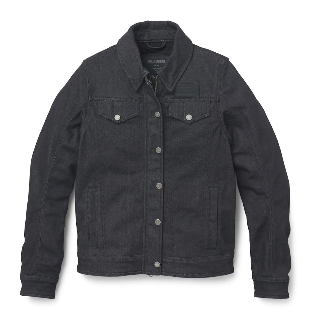 HARLEY DAVIDSON WOMEN'S CHISEL DENIM TRUCKER RIDING JACKET WITH CLASSIC DENIM TRUCKER STYLE AND RIDING FUNCTIONALITY HARLEY DAVIDSON WOMEN'S CHISEL DENIM TRUCKER RIDING JACKET