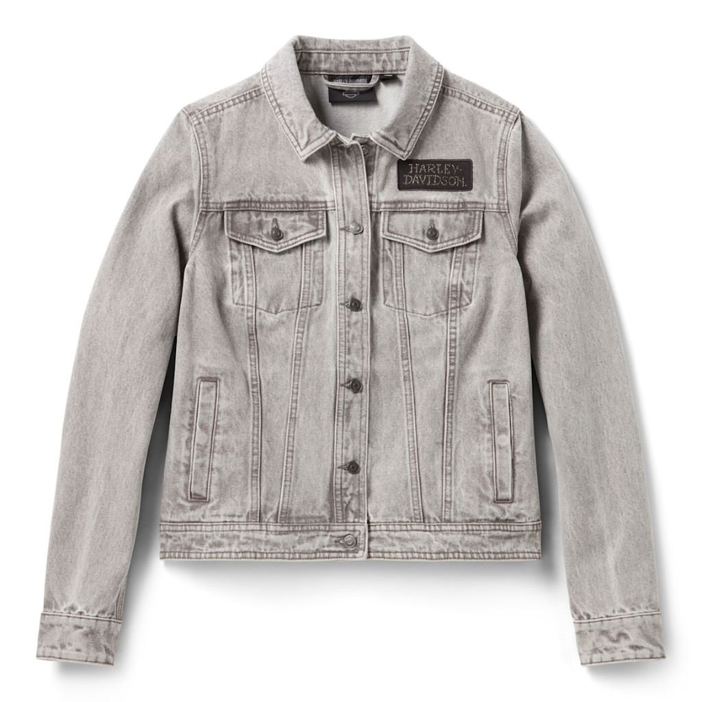 HARLEY DAVIDSON WOMEN'S WILLIE G BLING DENIM JACKET WITH CLASSIC DENIM STYLING AND EYE-CATCHING WILLIE G DETAILS HARLEY DAVIDSON WOMEN'S WILLIE G BLING DENIM JACKET