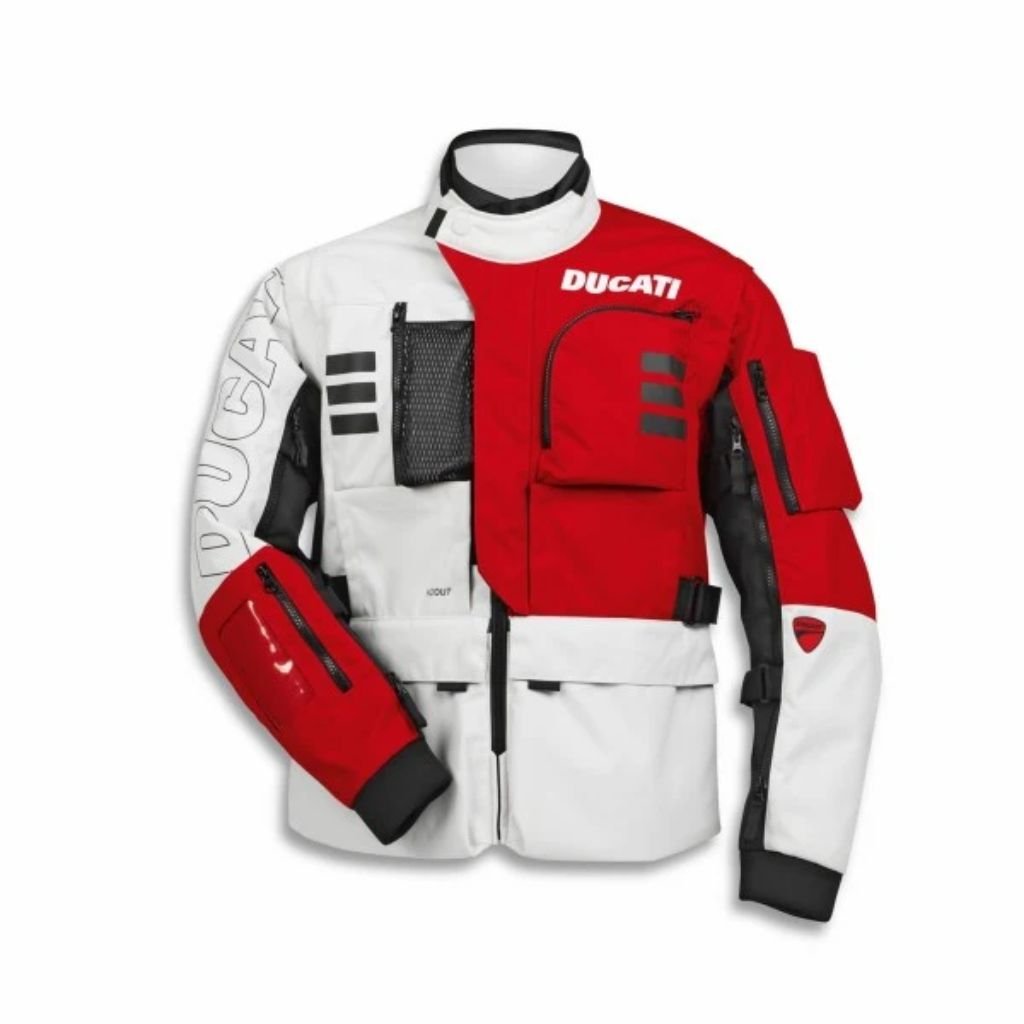 DUCATI FABRIC JACKET EXPLORER 2.0 WHITE RED MEN PREMIUM MOTORCYCLE JACKET DUCATI FABRIC JACKET EXPLORER 2.0 WHITE RED MEN
