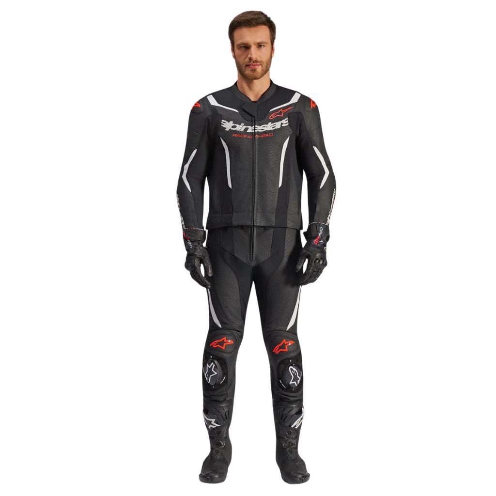 ALPINESTARS GP FORCE V2 LEATHER 2 PIECE SUIT BLACK RED FLUO MOTORCYCLE RACING GEAR ALPINESTARS GP FORCE V2 LEATHER SUIT 2 PIECE BLACK RED FLUO